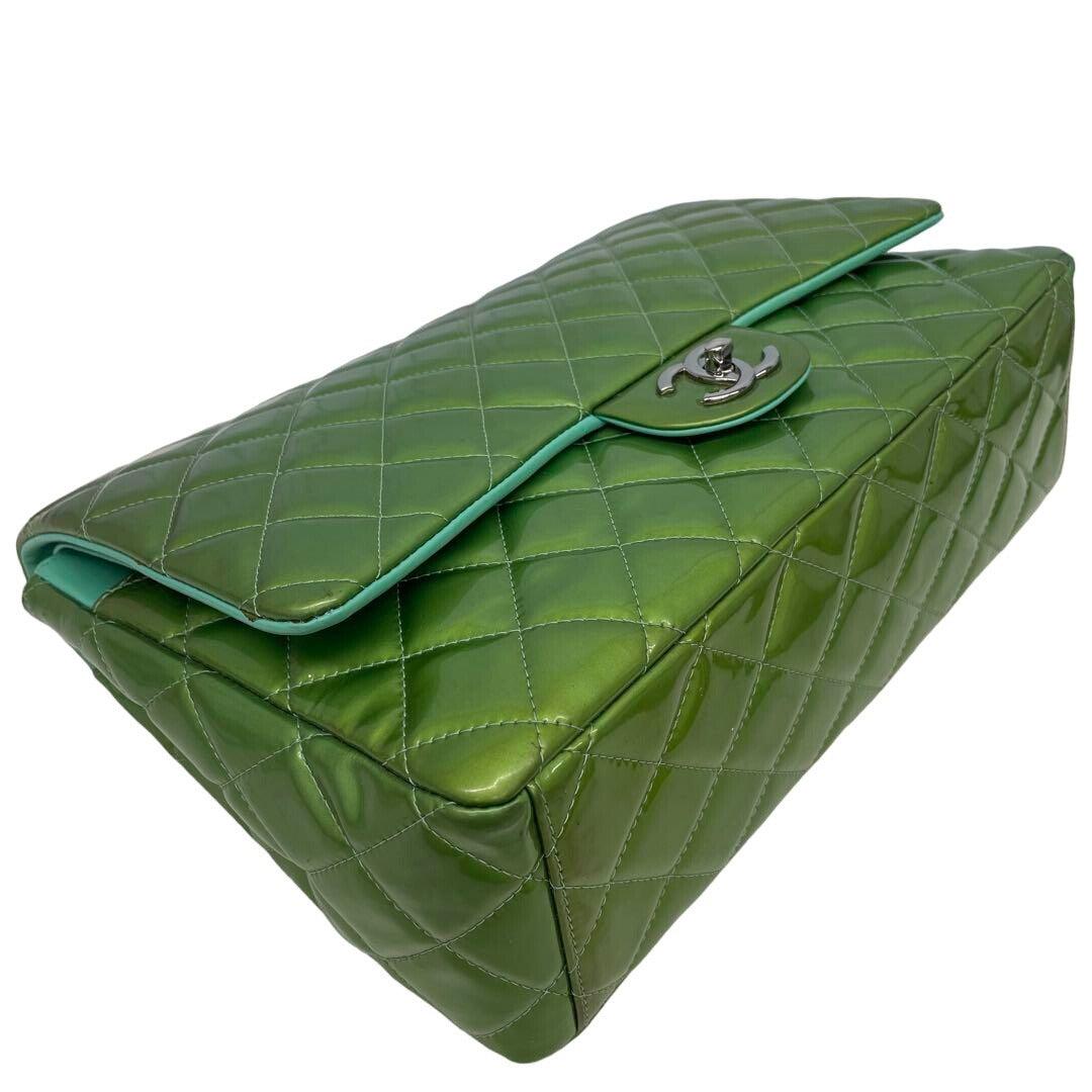 Authentic CHANEL CC Jumbo Patent Leather Classic Double Flap Bag Green Purse - The Reluxe