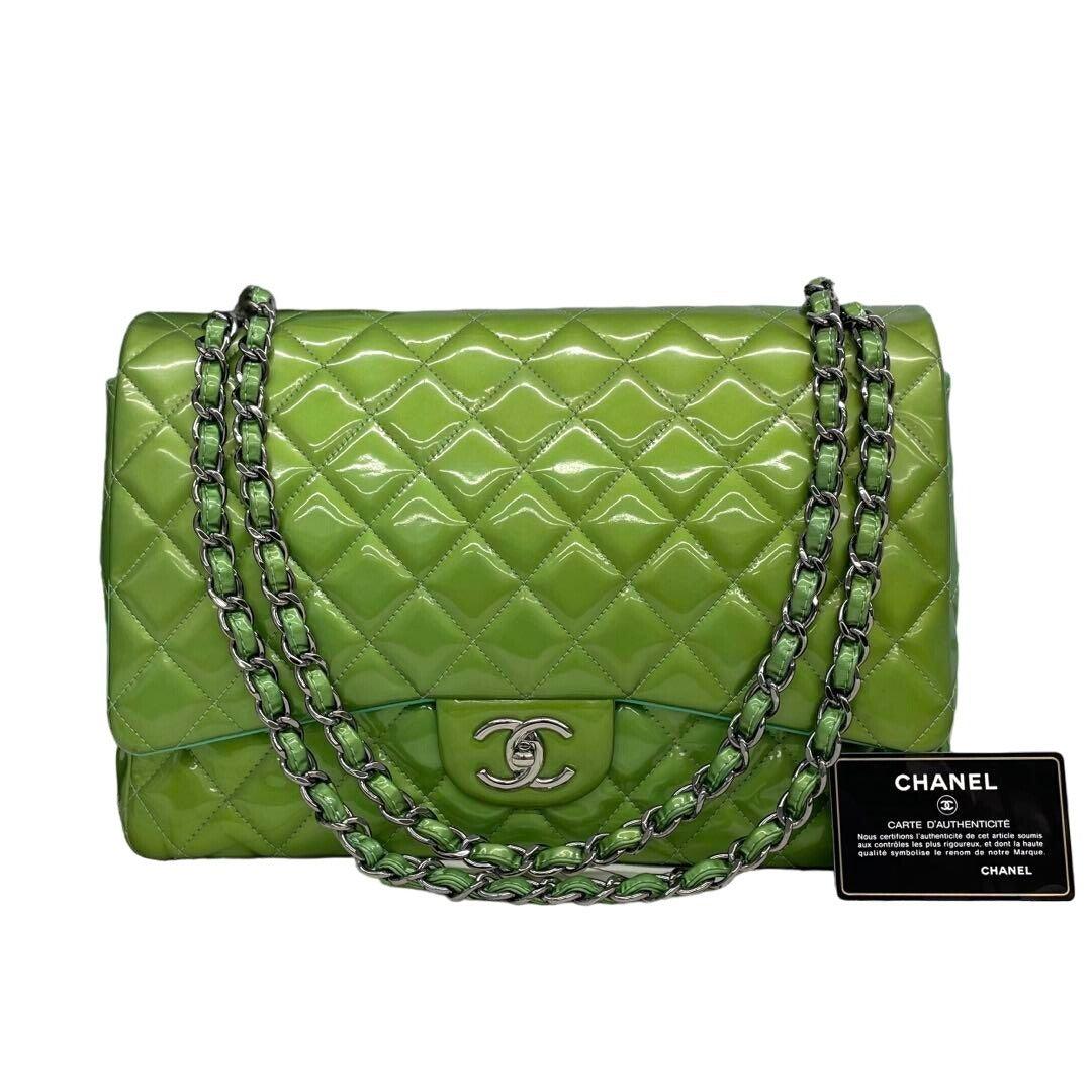 Authentic CHANEL CC Jumbo Patent Leather Classic Double Flap Bag Green Purse - The Reluxe