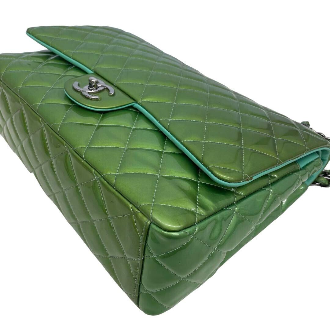 Authentic CHANEL CC Jumbo Patent Leather Classic Double Flap Bag Green Purse - The Reluxe