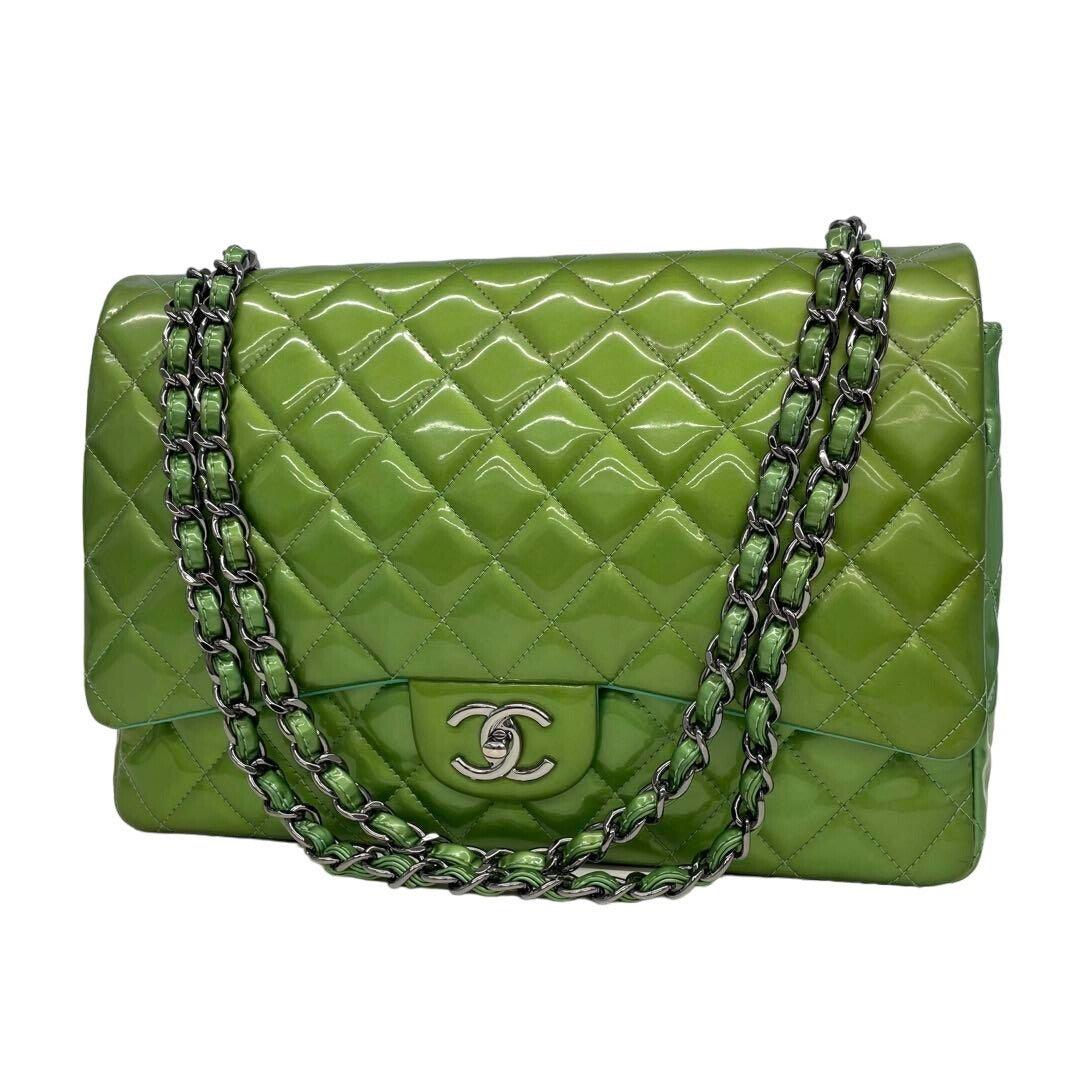 Authentic CHANEL CC Jumbo Patent Leather Classic Double Flap Bag Green Purse - The Reluxe