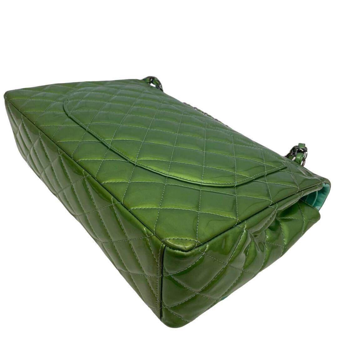 Authentic CHANEL CC Jumbo Patent Leather Classic Double Flap Bag Green Purse - The Reluxe