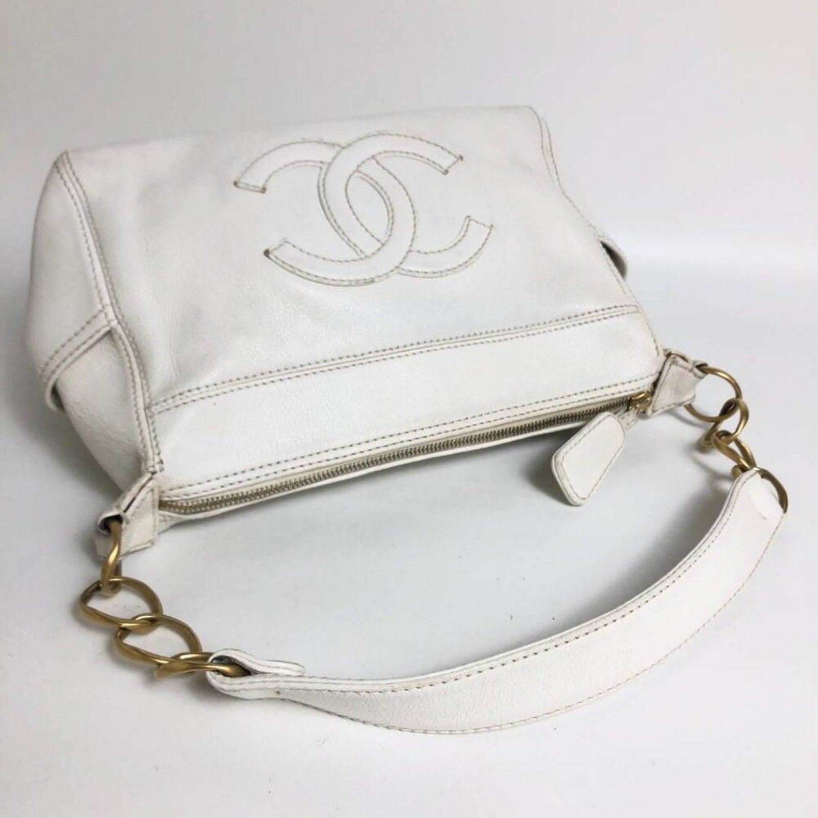 Authentic CHANEL CC Lambskin Leather Vintage Quilted Shoulder Bag Tote White - The Reluxe