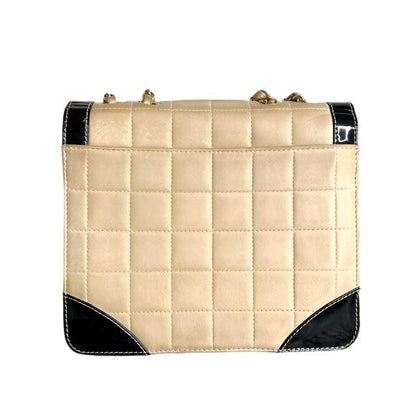 Authentic CHANEL CC Lambskin Patent Chocolate Bar Flap Bag Chain Beige Black - The Reluxe