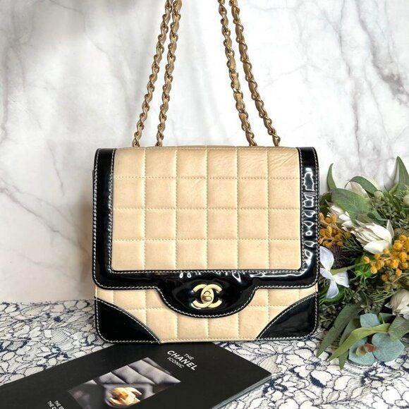 Authentic CHANEL CC Lambskin Patent Chocolate Bar Flap Bag Chain Beige Black - The Reluxe