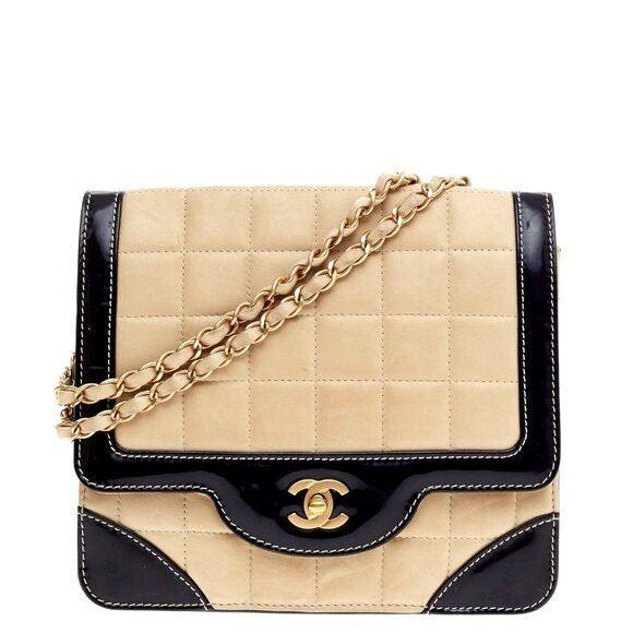 Authentic CHANEL CC Lambskin Patent Chocolate Bar Flap Bag Chain Beige Black - The Reluxe