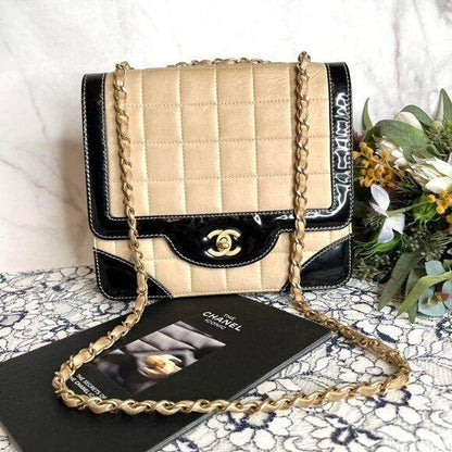 Authentic CHANEL CC Lambskin Patent Chocolate Bar Flap Bag Chain Beige Black - The Reluxe