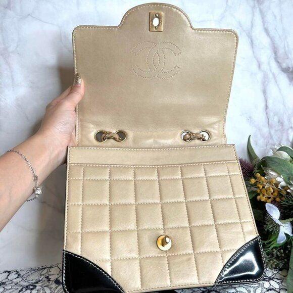 Authentic CHANEL CC Lambskin Patent Chocolate Bar Flap Bag Chain Beige Black - The Reluxe