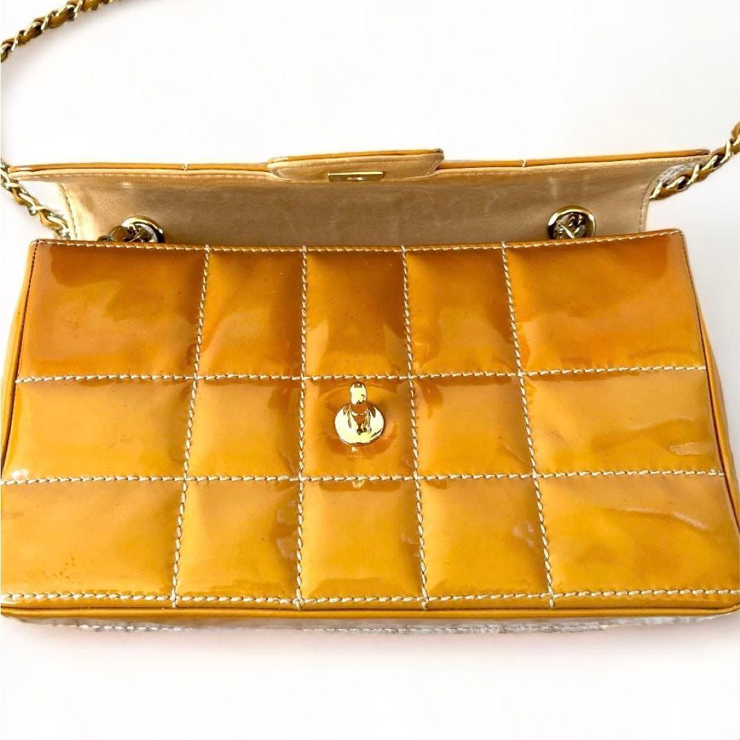 Authentic CHANEL CC Lambskin Patent Chocolate Bar Flap Bag Chain Beige Camel Tan - The Reluxe