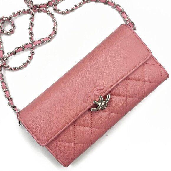 Authentic CHANEL CC Lambskin Quilted Box Flap Wallet on Chain Pink Shoulder Bag - The Reluxe