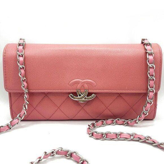 Authentic CHANEL CC Lambskin Quilted Box Flap Wallet on Chain Pink Shoulder Bag - The Reluxe