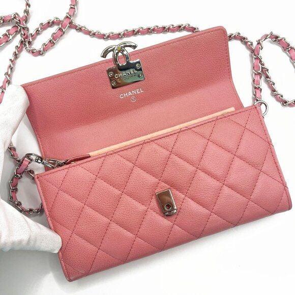 Authentic CHANEL CC Lambskin Quilted Box Flap Wallet on Chain Pink Shoulder Bag - The Reluxe