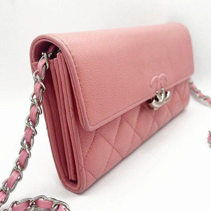 Authentic CHANEL CC Lambskin Quilted Box Flap Wallet on Chain Pink Shoulder Bag - The Reluxe