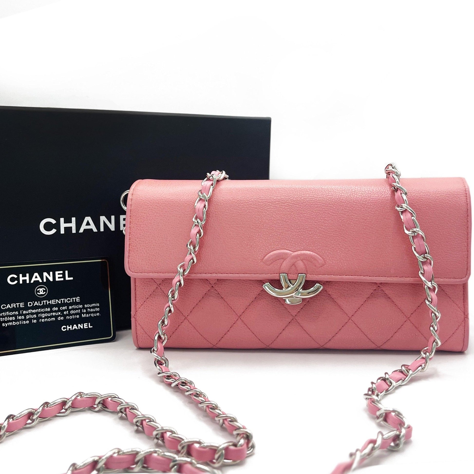 Authentic CHANEL CC Lambskin Quilted Box Flap Wallet on Chain Pink Shoulder Bag - The Reluxe