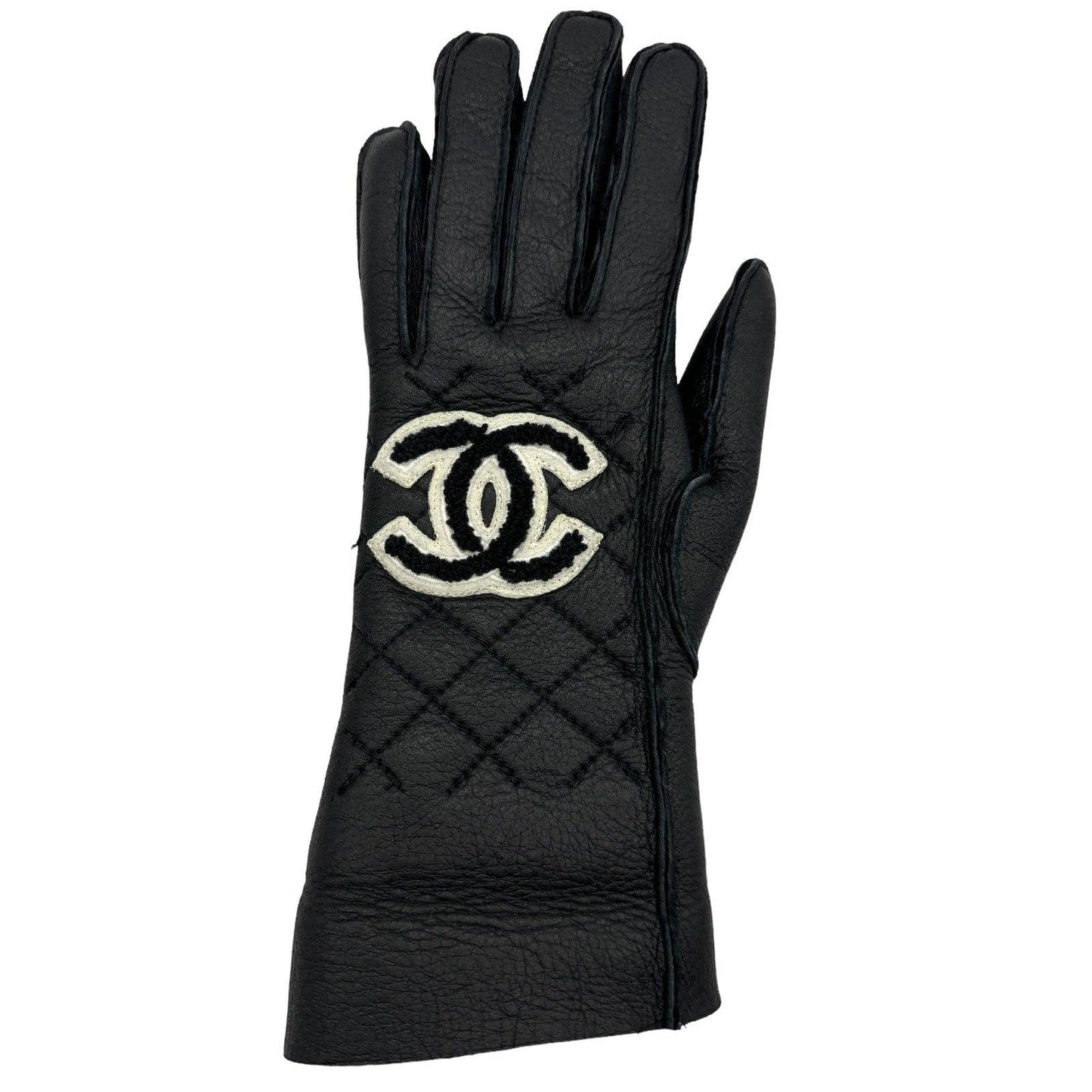 Authentic CHANEL CC Logo Leather Black Quilted Gloves - The Reluxe