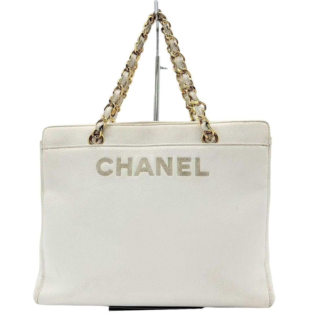 Authentic CHANEL CC Logo Tote Bag Caviar Leather Chain Shoulder Bag White Purse - The Reluxe