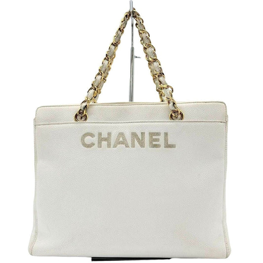 Authentic CHANEL CC Logo Tote Bag Caviar Leather Chain Shoulder Bag White Purse - The Reluxe