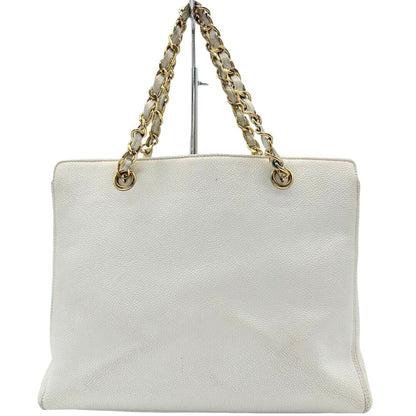 Authentic CHANEL CC Logo Tote Bag Caviar Leather Chain Shoulder Bag White Purse - The Reluxe