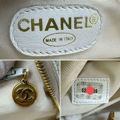 Authentic CHANEL CC Logo Tote Bag Caviar Leather Chain Shoulder Bag White Purse - The Reluxe