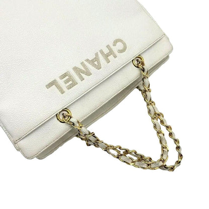 Authentic CHANEL CC Logo Tote Bag Caviar Leather Chain Shoulder Bag White Purse - The Reluxe