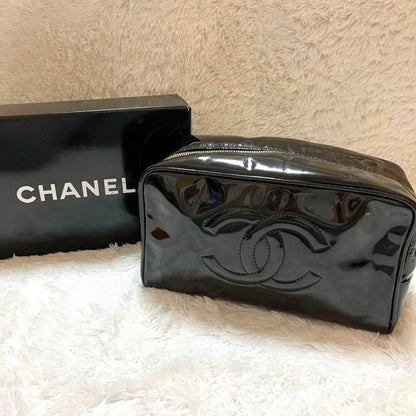 Authentic CHANEL CC Patent Leather Vanity Cosmetic Makeup Case Pouch Black Bag - The Reluxe