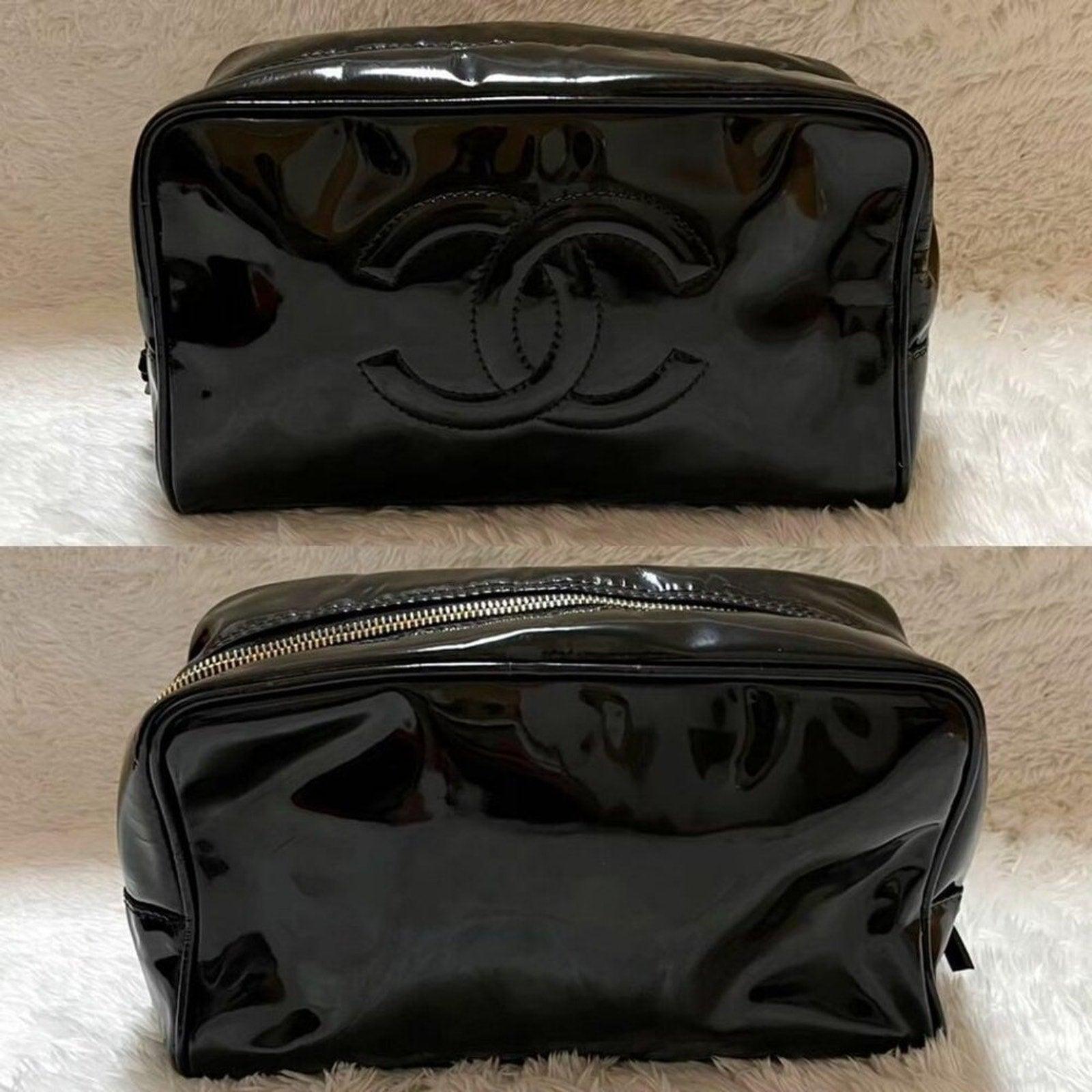 Authentic CHANEL CC Patent Leather Vanity Cosmetic Makeup Case Pouch Black Bag - The Reluxe