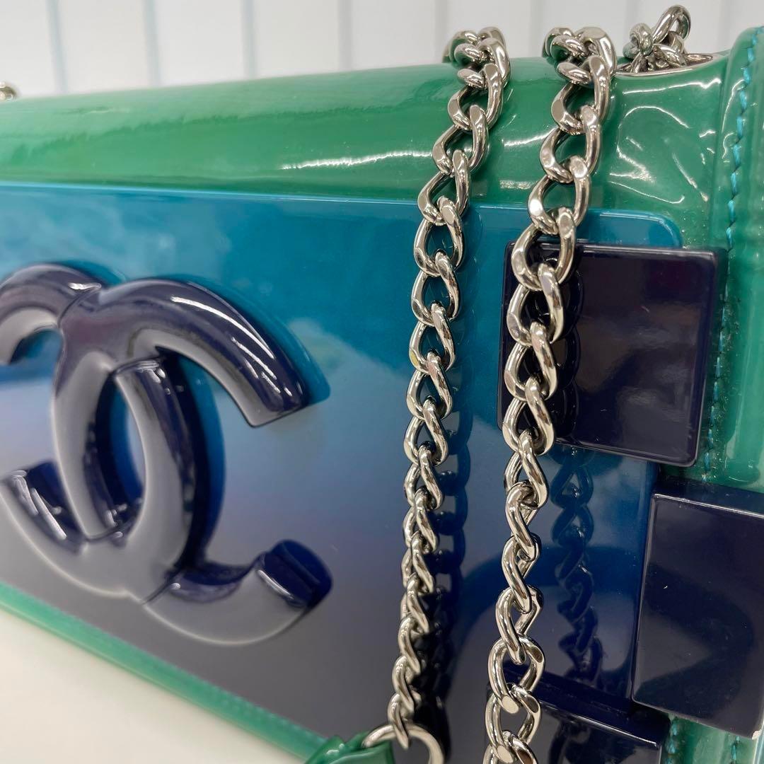 Authentic CHANEL CC Plexiglass Patent Boy Brick Flap Bag Turquoise Navy Blue - The Reluxe