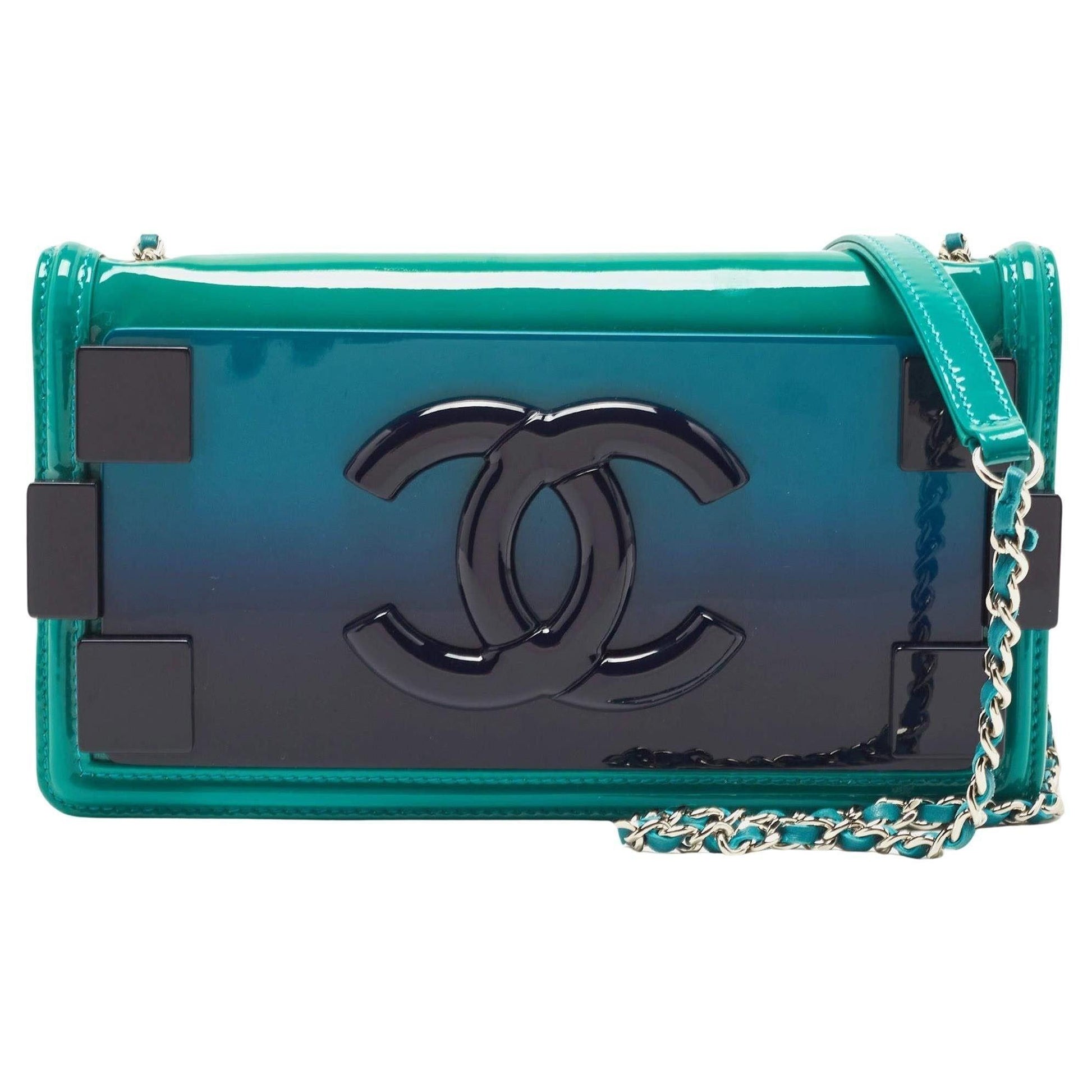 Authentic CHANEL CC Plexiglass Patent Boy Brick Flap Bag Turquoise Navy Blue - The Reluxe