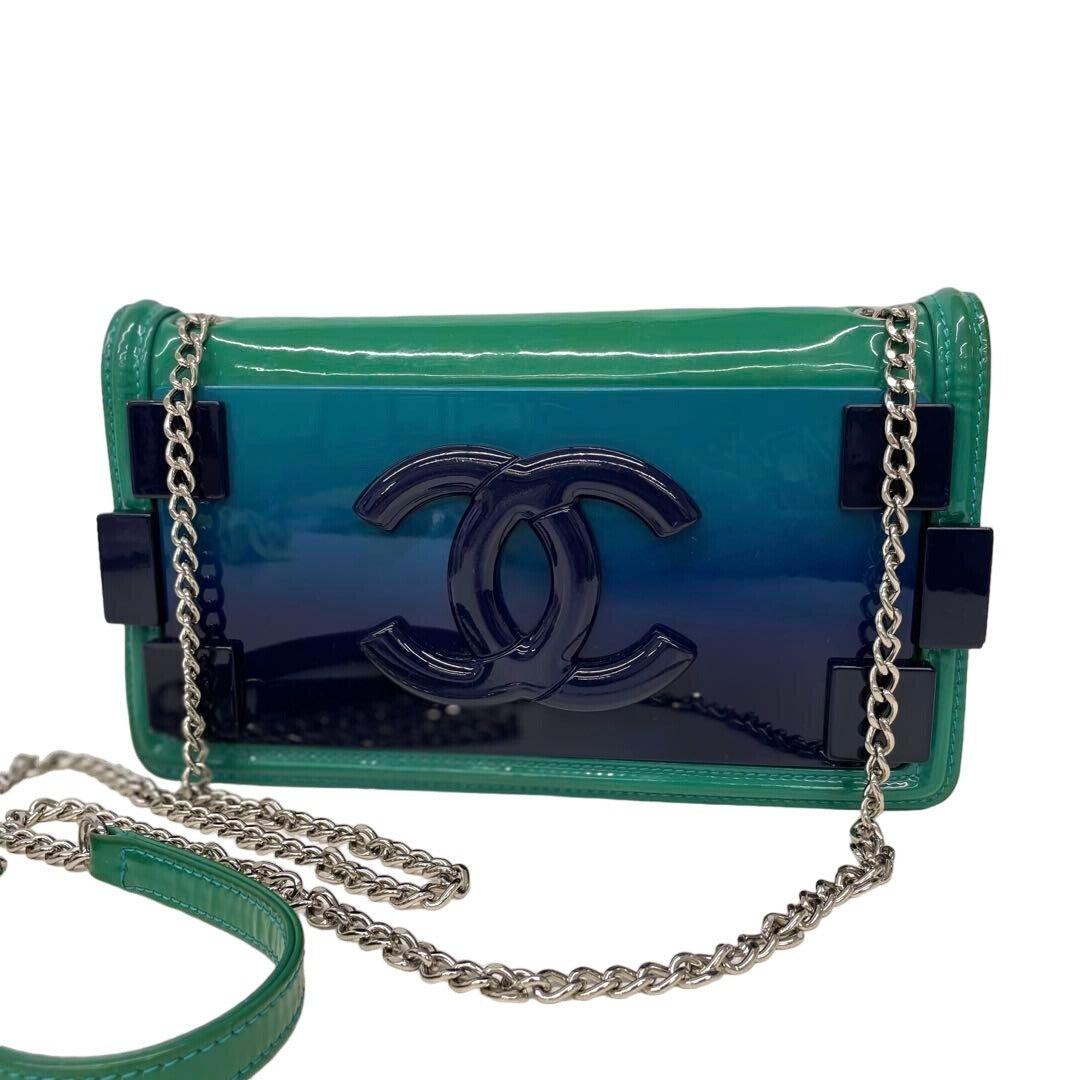 Authentic CHANEL CC Plexiglass Patent Boy Brick Flap Bag Turquoise Navy Blue - The Reluxe