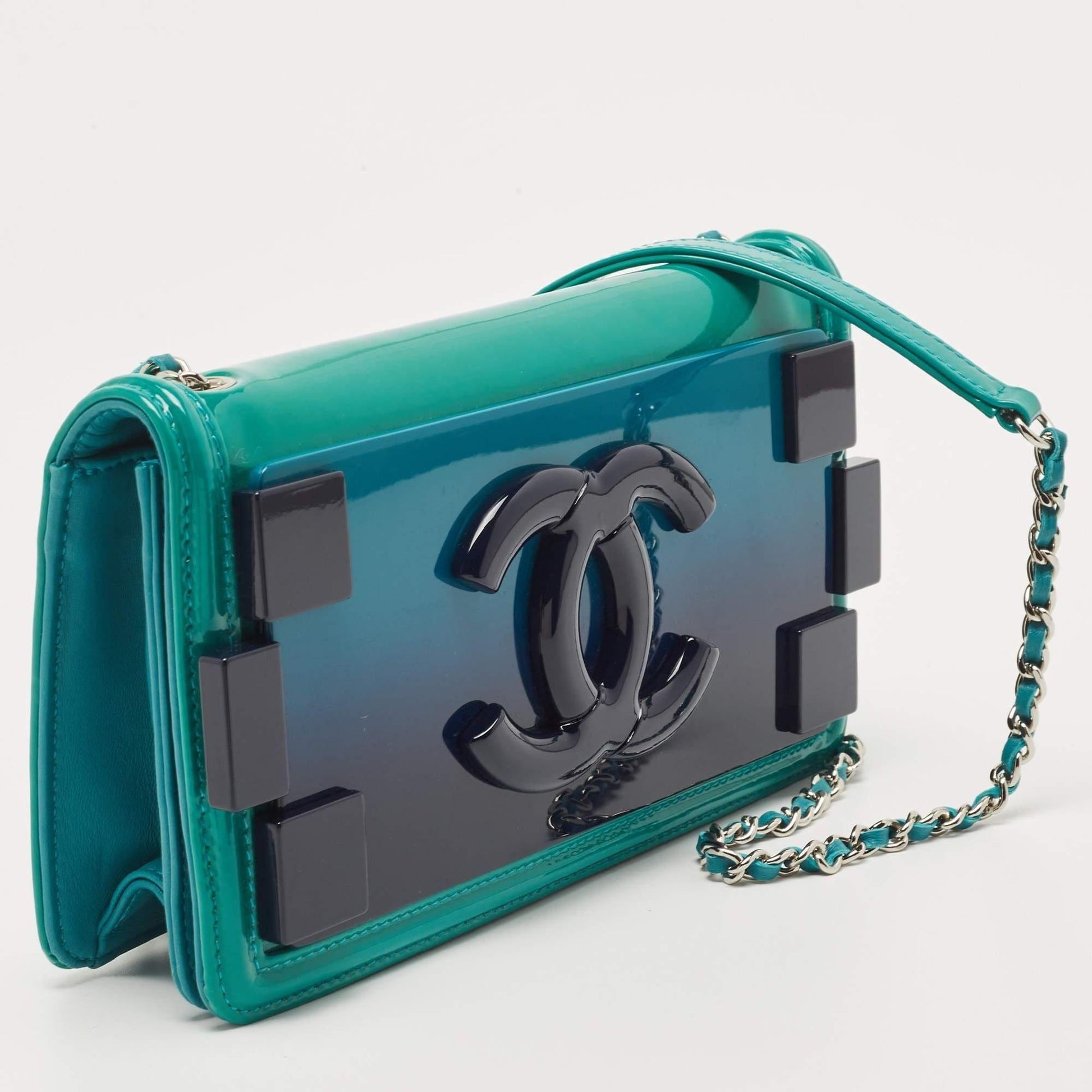 Authentic CHANEL CC Plexiglass Patent Boy Brick Flap Bag Turquoise Navy Blue - The Reluxe