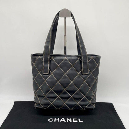 Authentic CHANEL CC Wild Stitch Vintage Quilted Shoulder Bag Tote Lambskin Black - The Reluxe