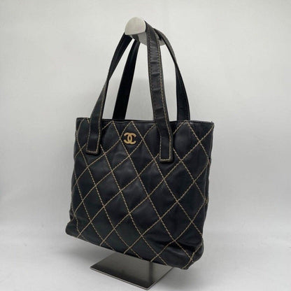 Authentic CHANEL CC Wild Stitch Vintage Quilted Shoulder Bag Tote Lambskin Black - The Reluxe