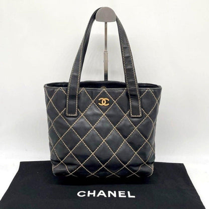 Authentic CHANEL CC Wild Stitch Vintage Quilted Shoulder Bag Tote Lambskin Black - The Reluxe