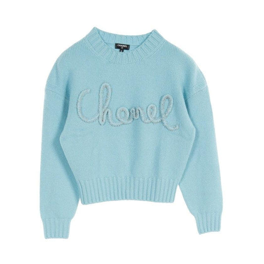 Authentic CHANEL Logo Embroidery Beads Cashmere Knit Jumper Sweater Pullover Top - The Reluxe