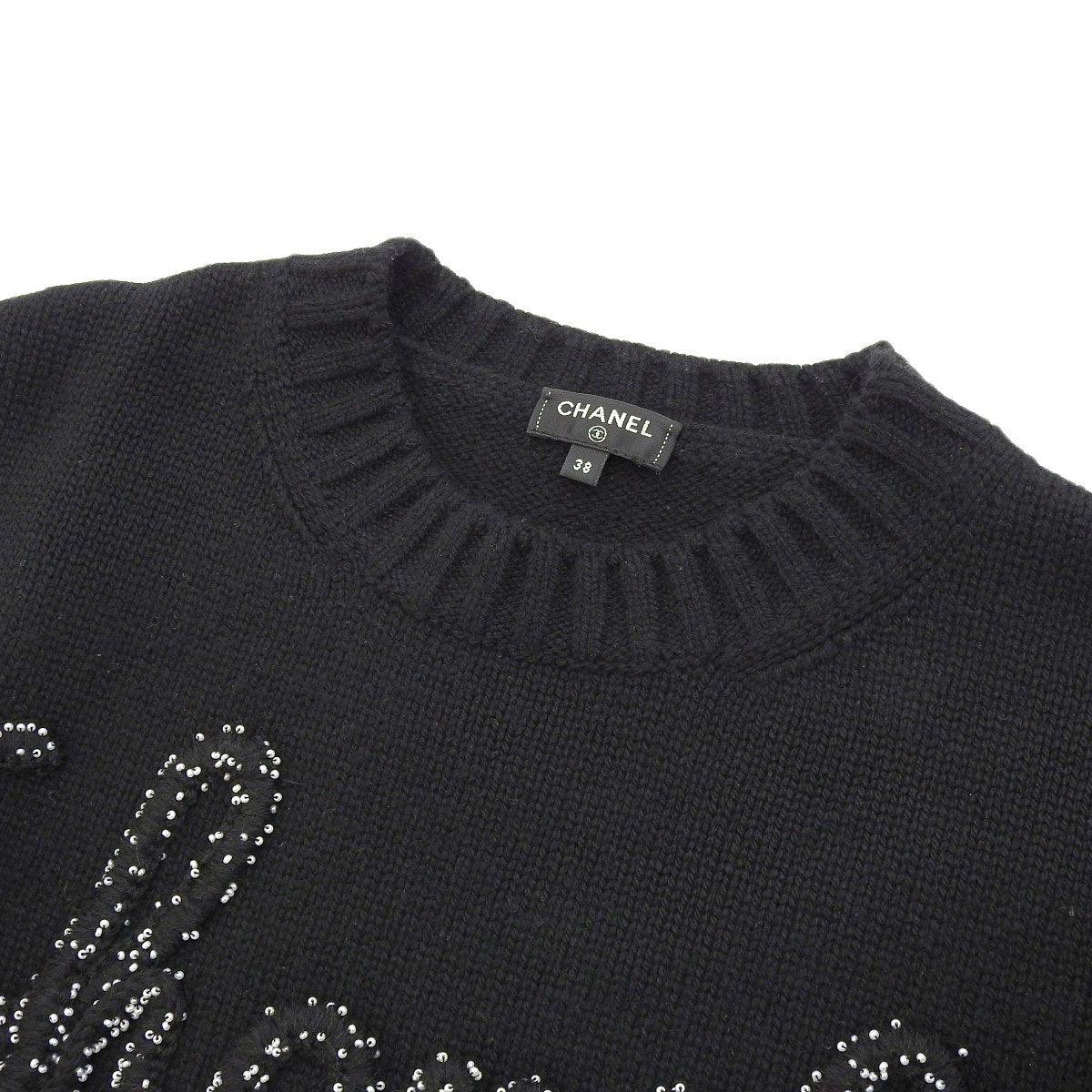 Authentic CHANEL Logo Embroidery Beads Cashmere Knit Jumper Sweater Pullover Top - The Reluxe