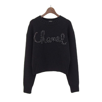 Authentic CHANEL Logo Embroidery Beads Cashmere Knit Jumper Sweater Pullover Top - The Reluxe