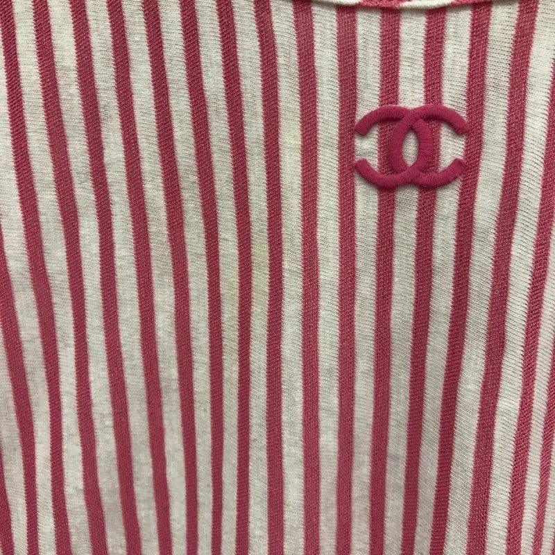 Authentic CHANEL Logo Striped Short Sleeve Top Pink White Ruched Ribbons 34 - The Reluxe