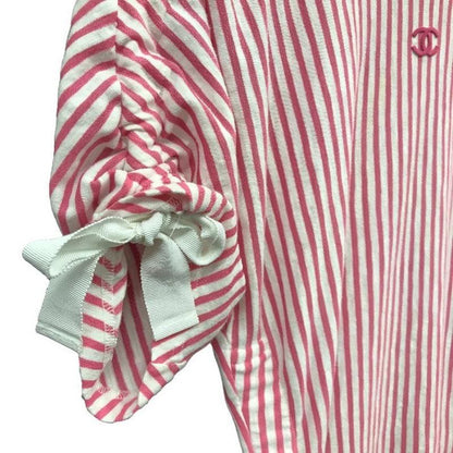 Authentic CHANEL Logo Striped Short Sleeve Top Pink White Ruched Ribbons 34 - The Reluxe