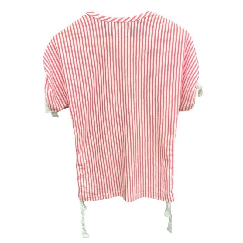 Authentic CHANEL Logo Striped Short Sleeve Top Pink White Ruched Ribbons 34 - The Reluxe