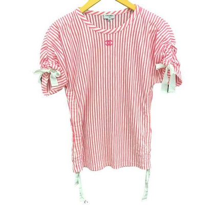 Authentic CHANEL Logo Striped Short Sleeve Top Pink White Ruched Ribbons 34 - The Reluxe