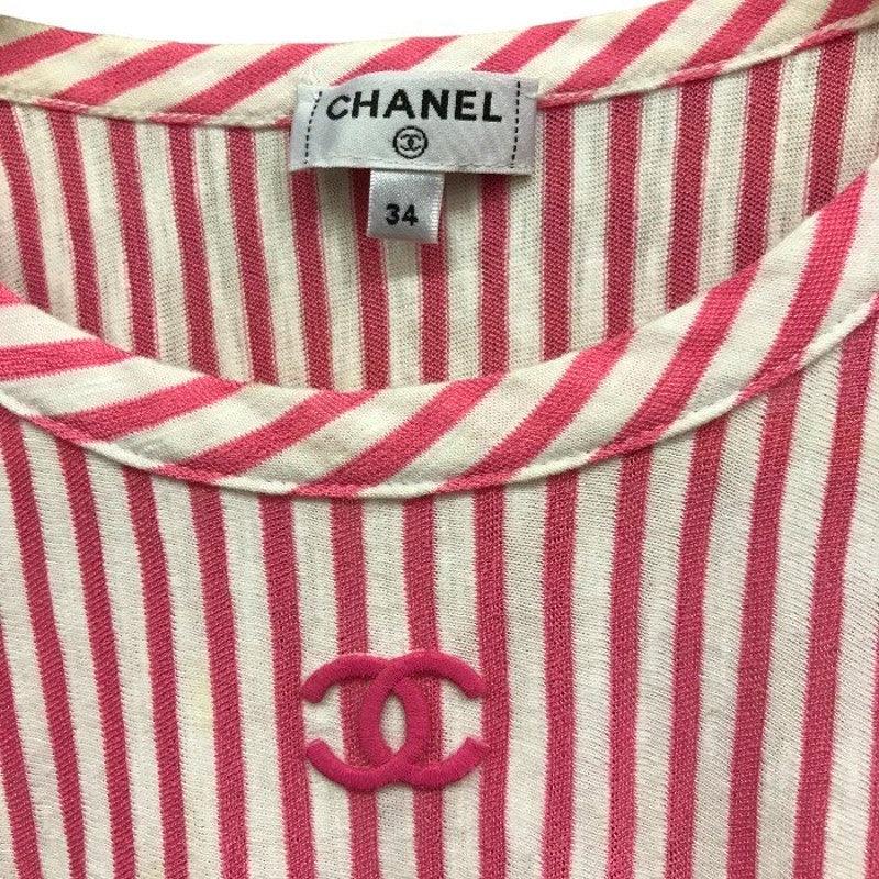 Authentic CHANEL Logo Striped Short Sleeve Top Pink White Ruched Ribbons 34 - The Reluxe