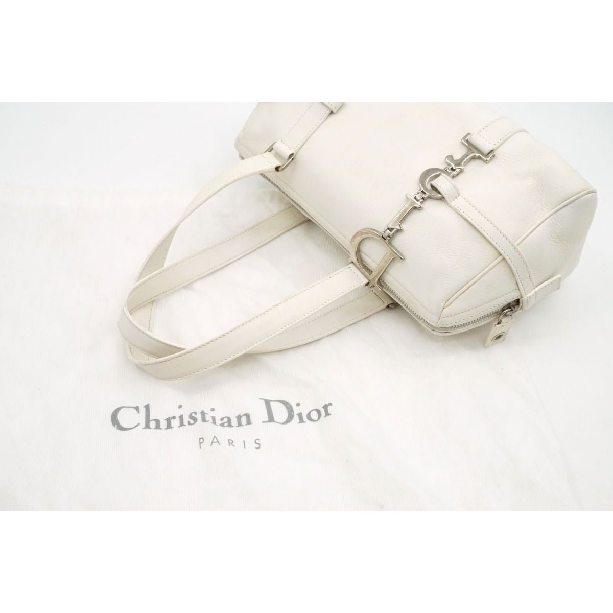 Authentic Christian Dior 2005 Spring White Leather Boston Bag - The Reluxe