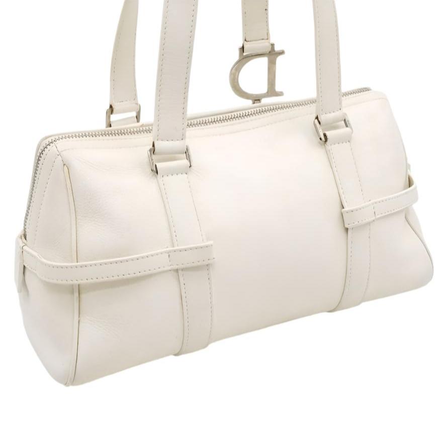 Authentic Christian Dior 2005 Spring White Leather Boston Bag - The Reluxe