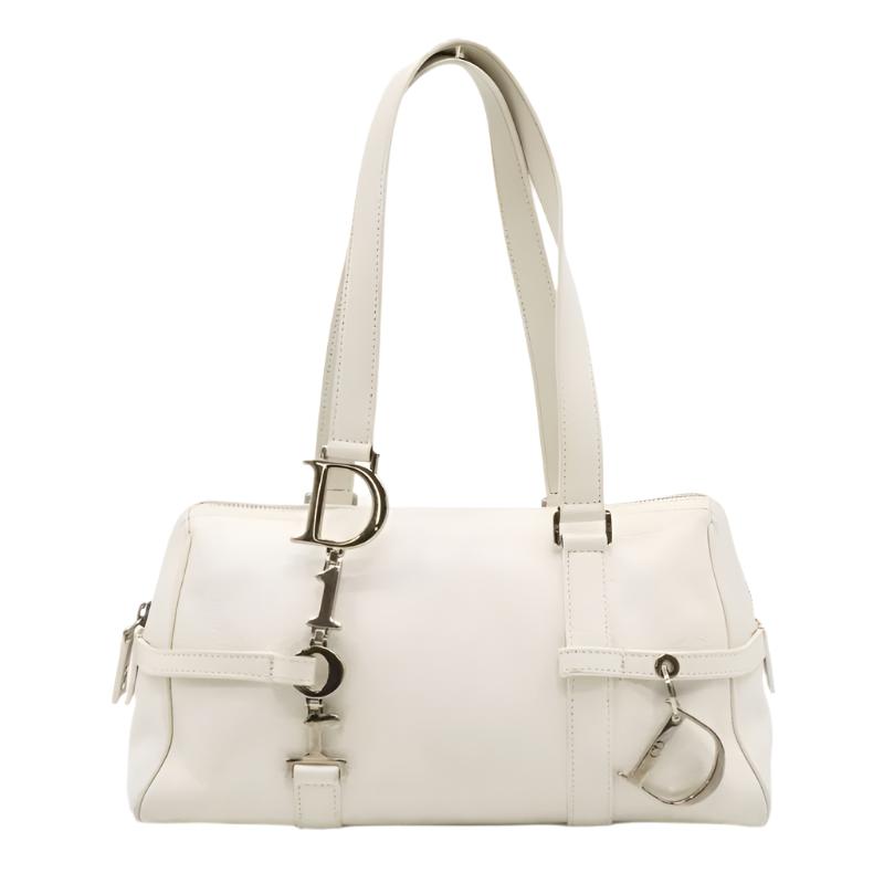 Authentic Christian Dior 2005 Spring White Leather Boston Bag - The Reluxe