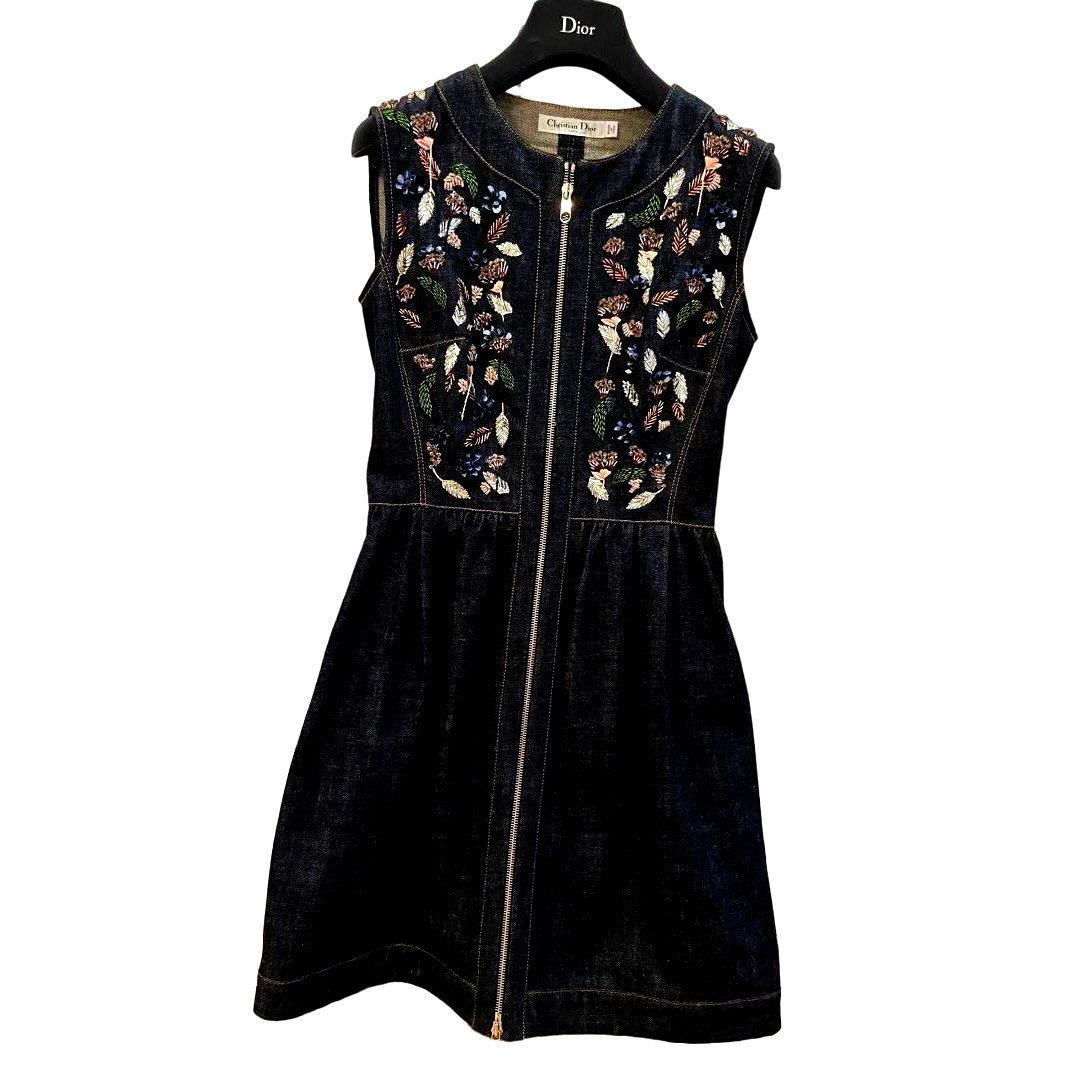 Authentic Christian Dior Denim Dress Blue Embroidery Zipper Zip - Up Sleeveless 34 - The Reluxe