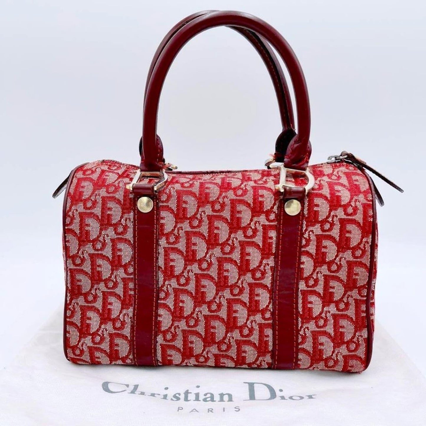 Authentic Dior Mini Trotter Oblique Monogram Logo Boston Bag Duffle Travel Red - The Reluxe