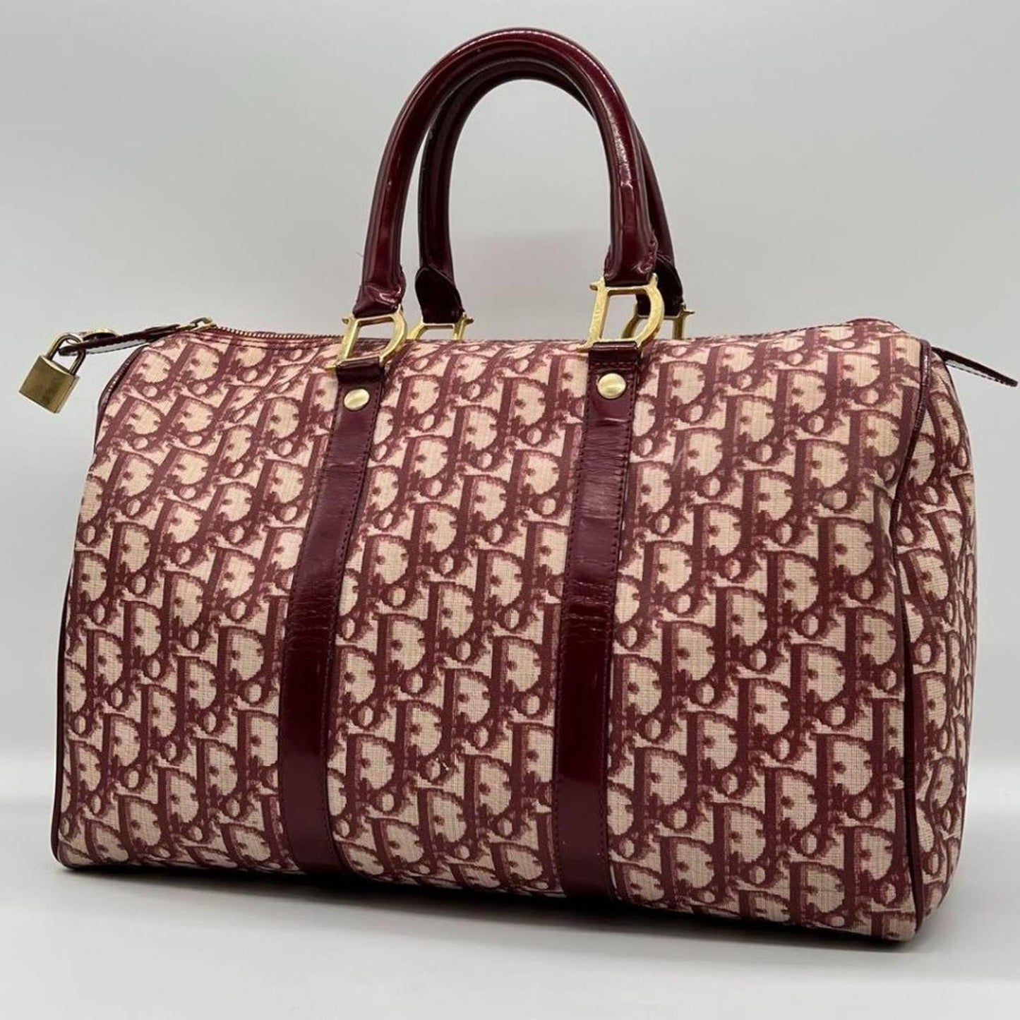 Authentic Dior Monogram Trotter Oblique Logo Boston Bag Duffle Travel Burgundy - The Reluxe