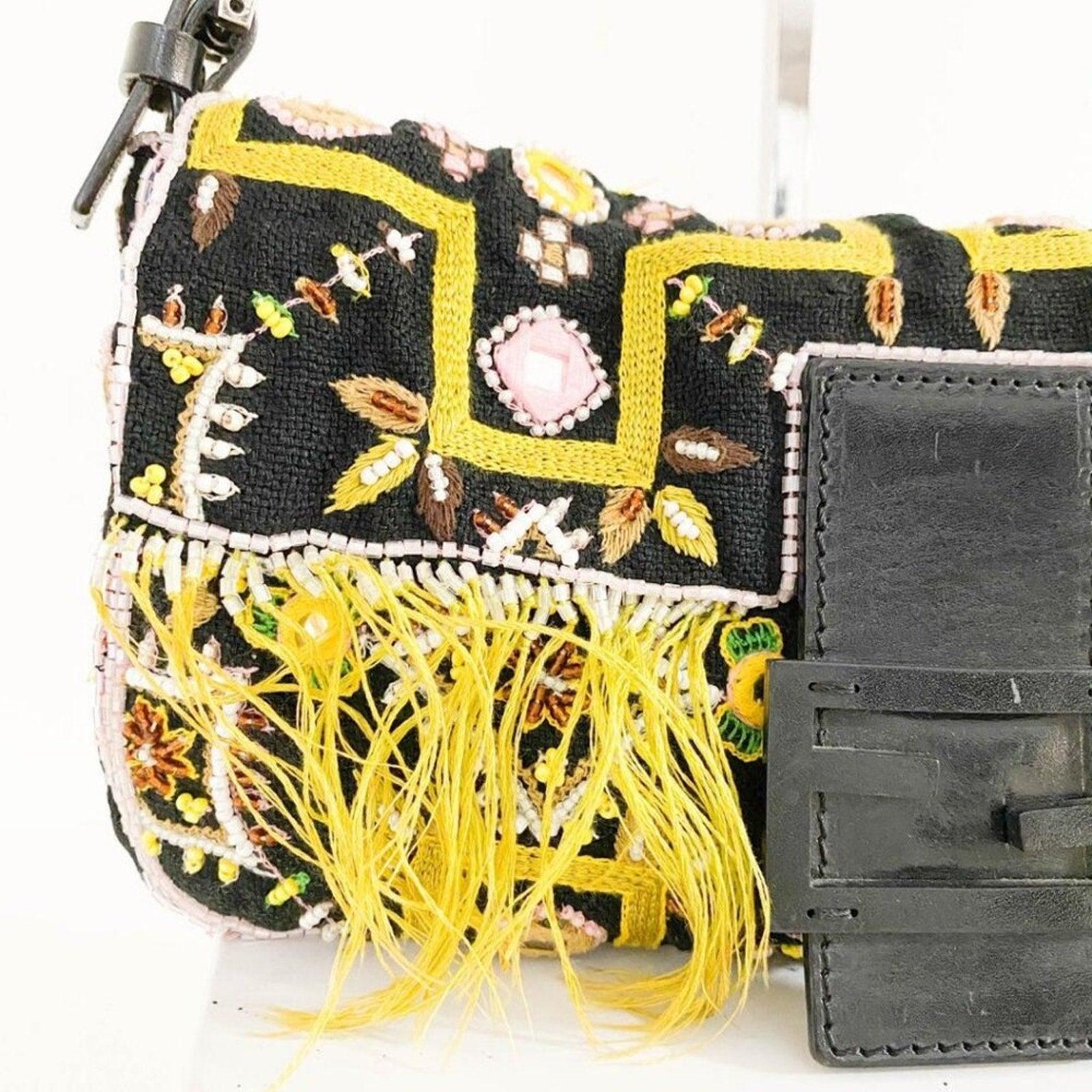 Authentic FENDI Mamma Baguette Beaded Fringe Shoulder Bag Bucket Hand Bag FF - The Reluxe