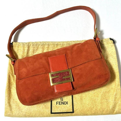 Authentic FENDI Mamma Baguette Orange Suede Gold Glitter Flap Shoulder Bag Purse - The Reluxe