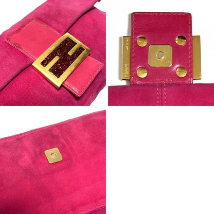 Authentic FENDI Mamma Baguette Pink Suede Gold Glitter Flap Shoulder Bag Purse - The Reluxe