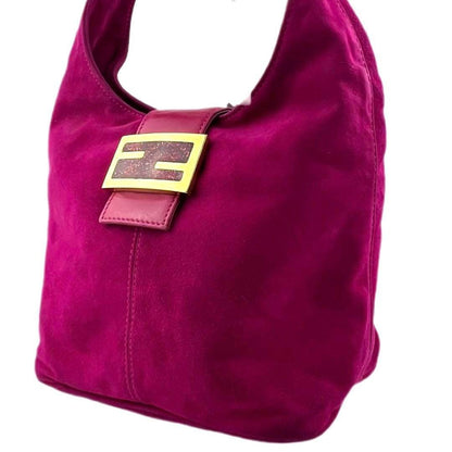 Authentic FENDI Mamma Baguette Pink Suede Gold Glitter Flap Shoulder Bag Purse - The Reluxe